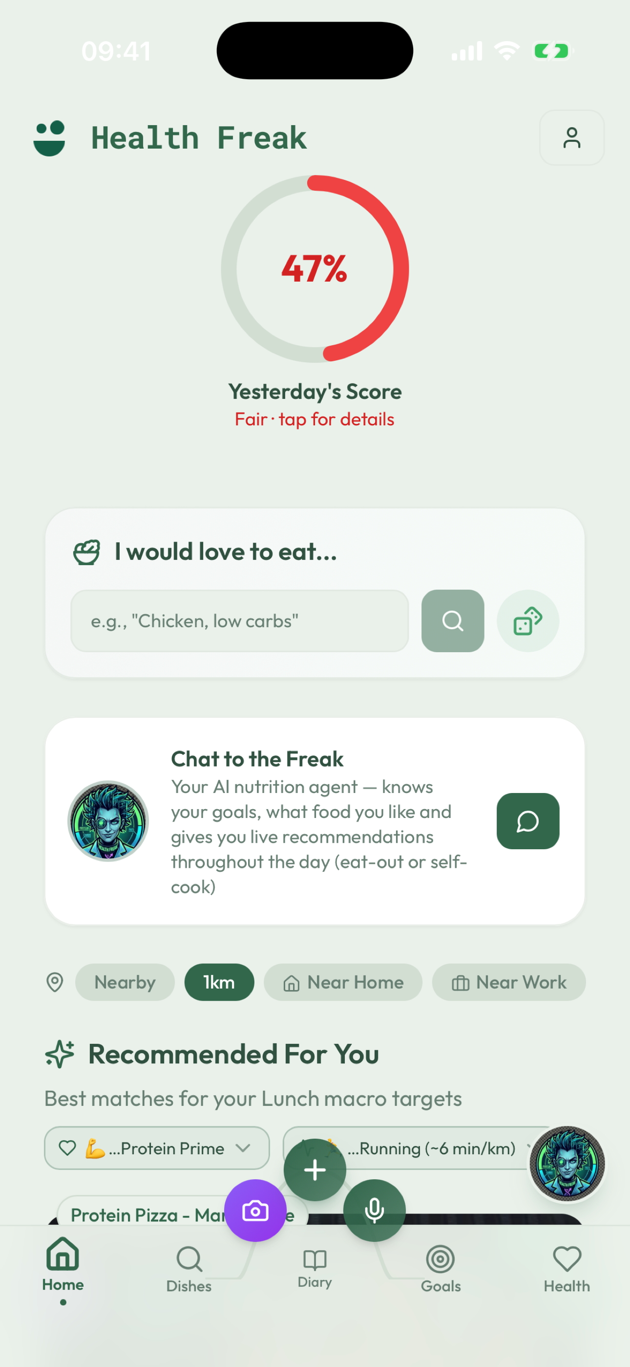 Health Freak home screen with daily score and craving search
