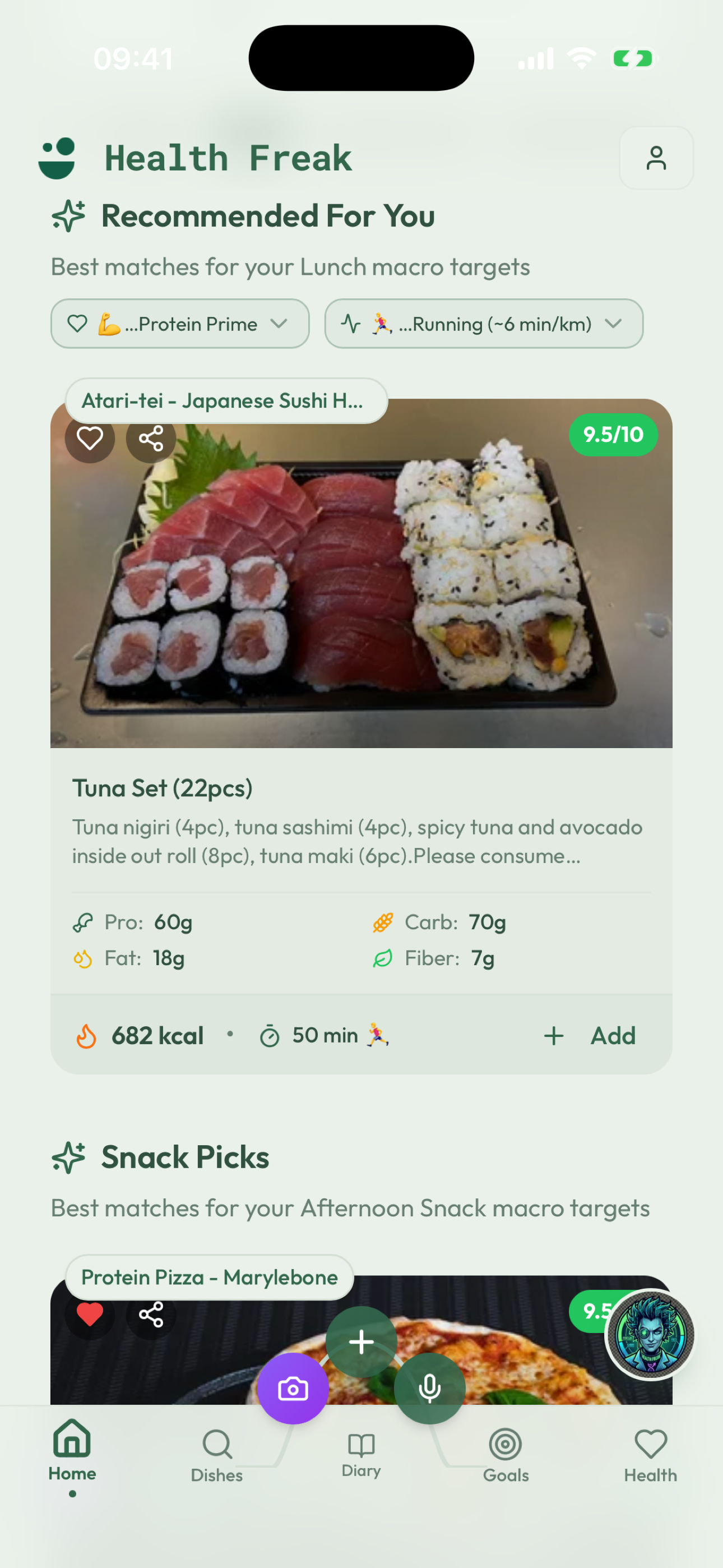 Dish carousels with scores and macros